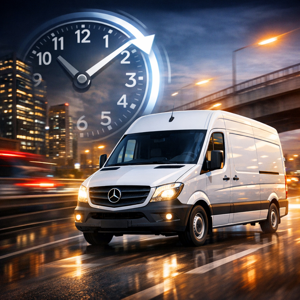 Witte Mercedes-Benz bestelbus rijdt ’s nachts op natte weg met klokoverlay, symbool voor 24/7 koeriersdiensten