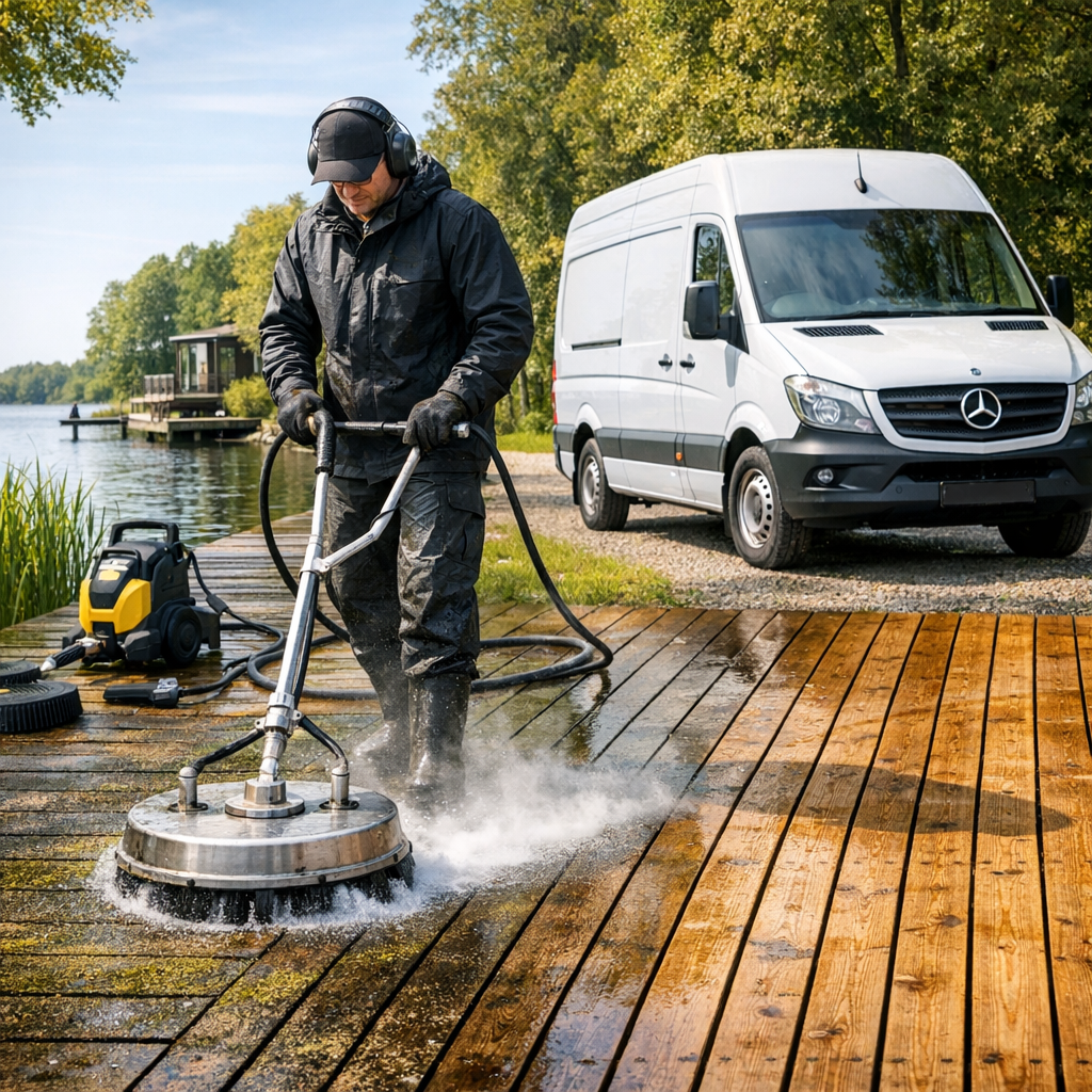 Vakman reinigt houten vlonder met hogedrukreiniger bij rivier; witte bestelbus op de achtergrond.